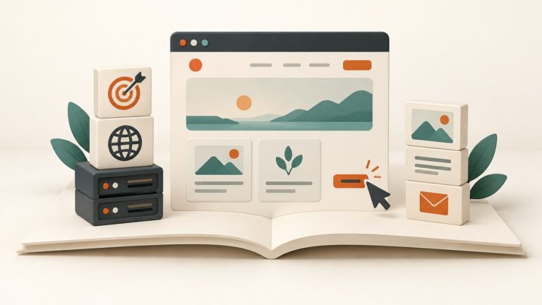 Ilustración de una web sencilla sobre un libro abierto, con bloques de dominio, alojamiento y contacto.